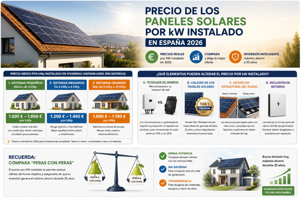 Comparativa del precio por kWp de instalaciones solares pequeñas, medianas y grandes en España en 2026.