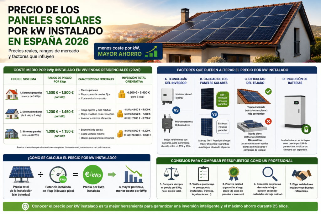Precio medio por kWp instalado según el tamaño del sistema fotovoltaico residencial en España en 2026.