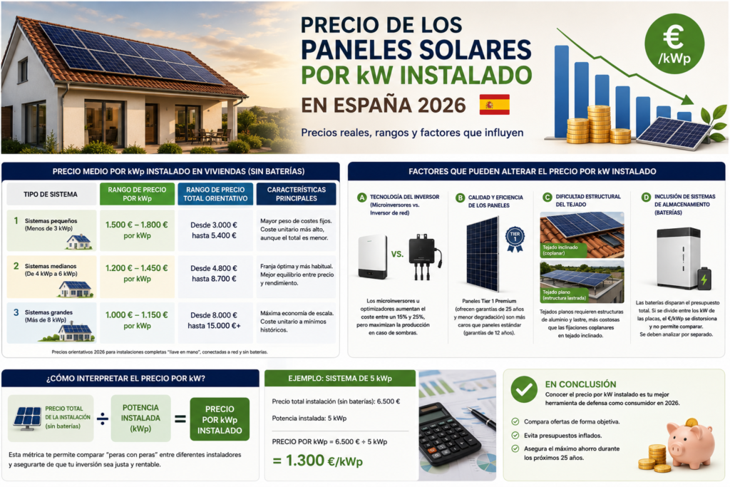 Factores que modifican el precio de una instalación solar: inversor, paneles, tejado y baterías.