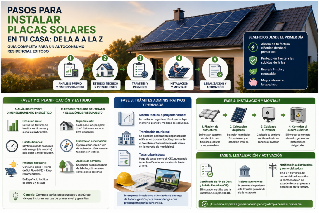 Análisis de consumo, orientación del tejado y dimensionamiento previo de una instalación de placas solares.
