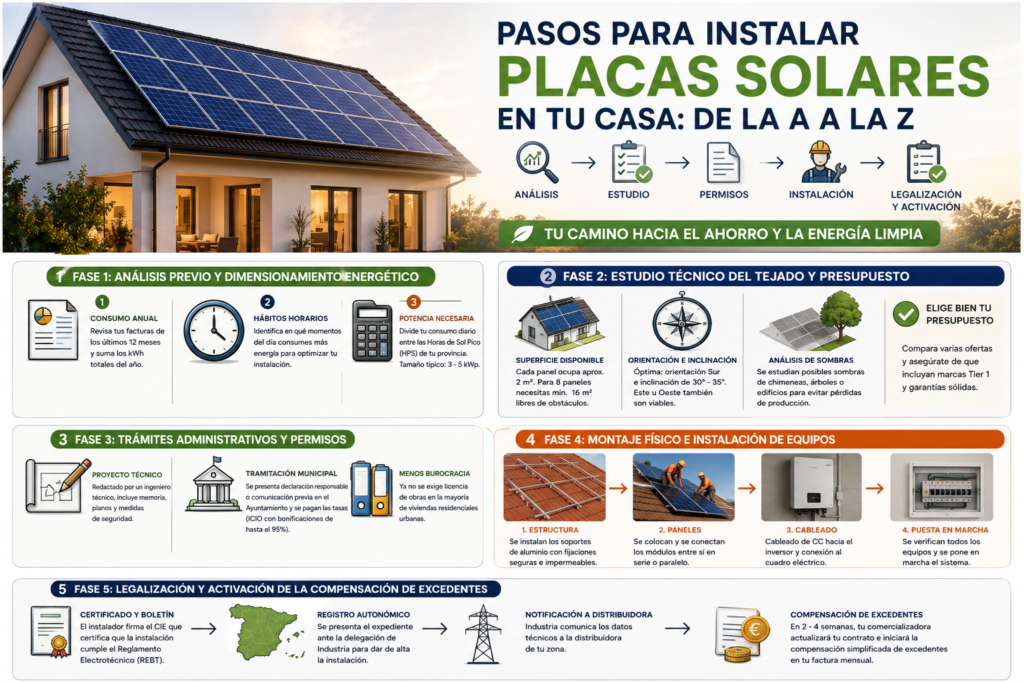 Proceso de montaje de placas solares: estructura, paneles, cableado, inversor y conexión al cuadro eléctrico.