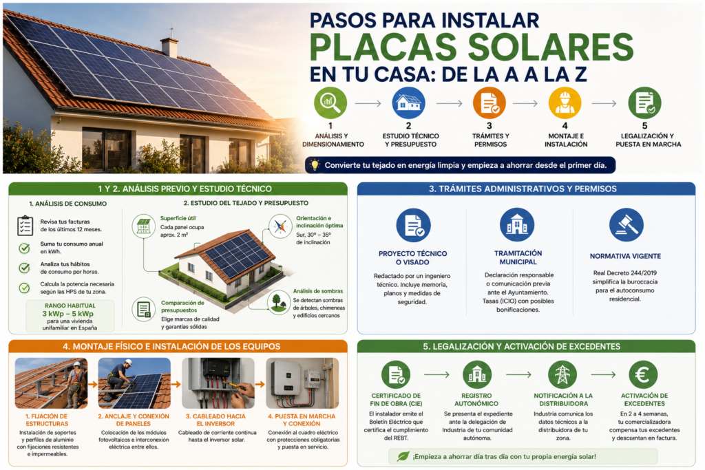 Legalización de placas solares y activación de la compensación de excedentes en una vivienda de España.