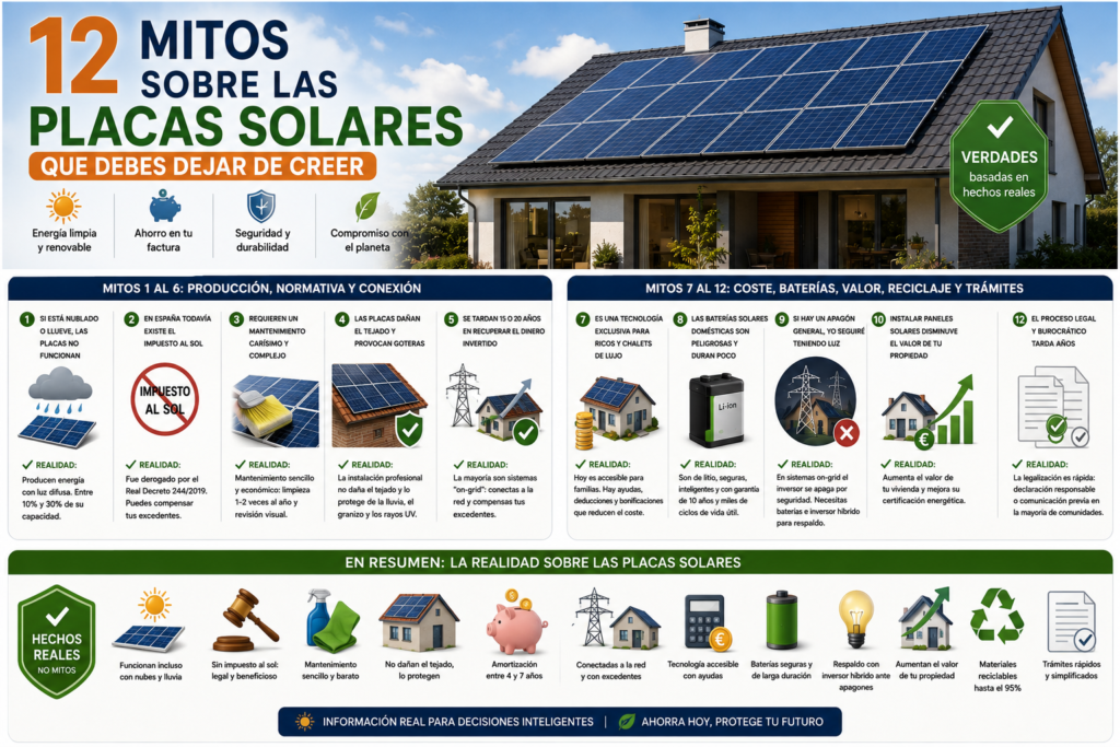 Mitos sobre placas solares con nubes, impuesto al sol, mantenimiento y daños en el tejado.