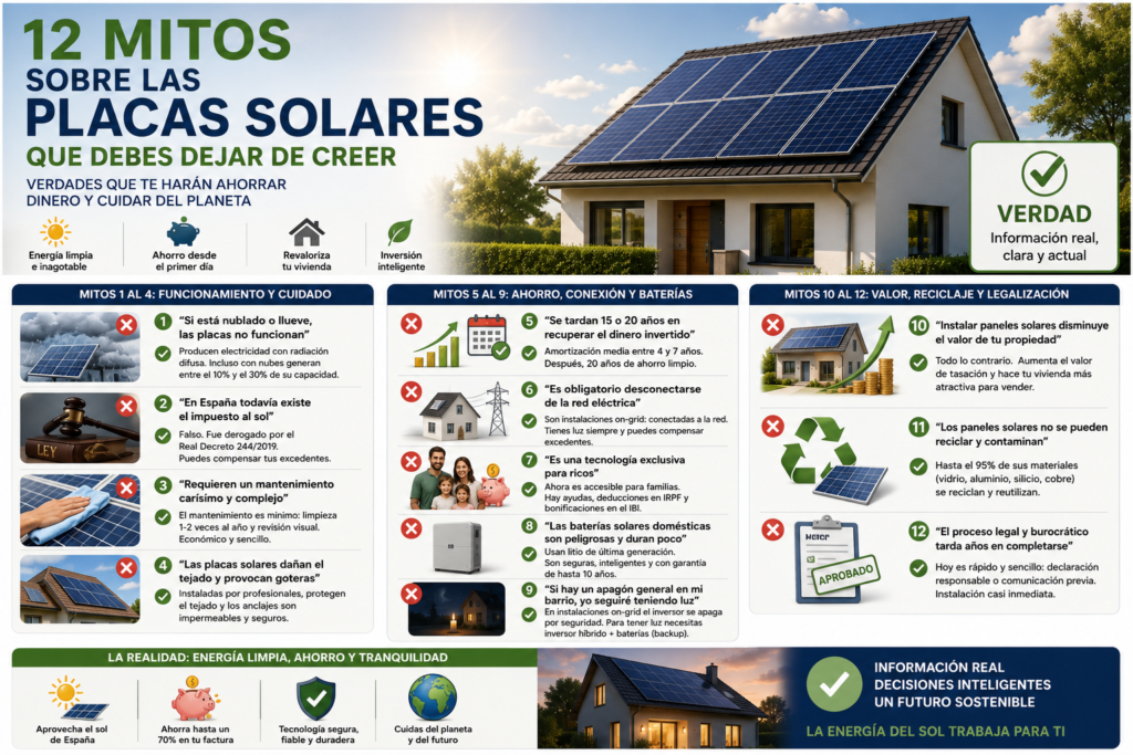Mitos sobre amortización, conexión a la red, baterías solares y apagones en instalaciones fotovoltaicas.