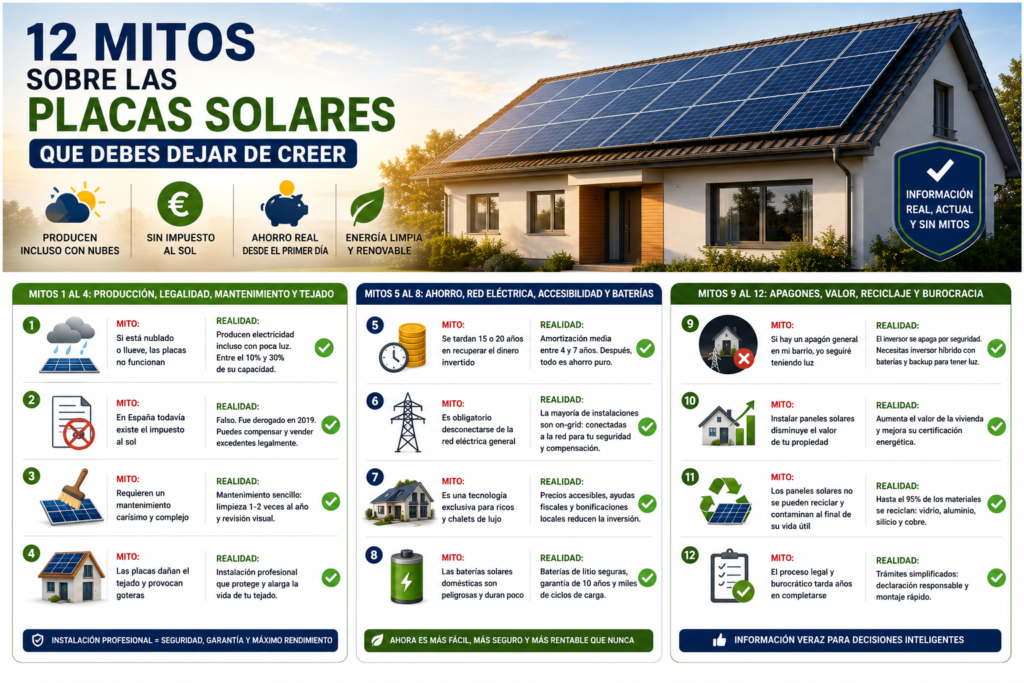 Mitos sobre el valor de una vivienda con placas solares, reciclaje de paneles y trámites en España.