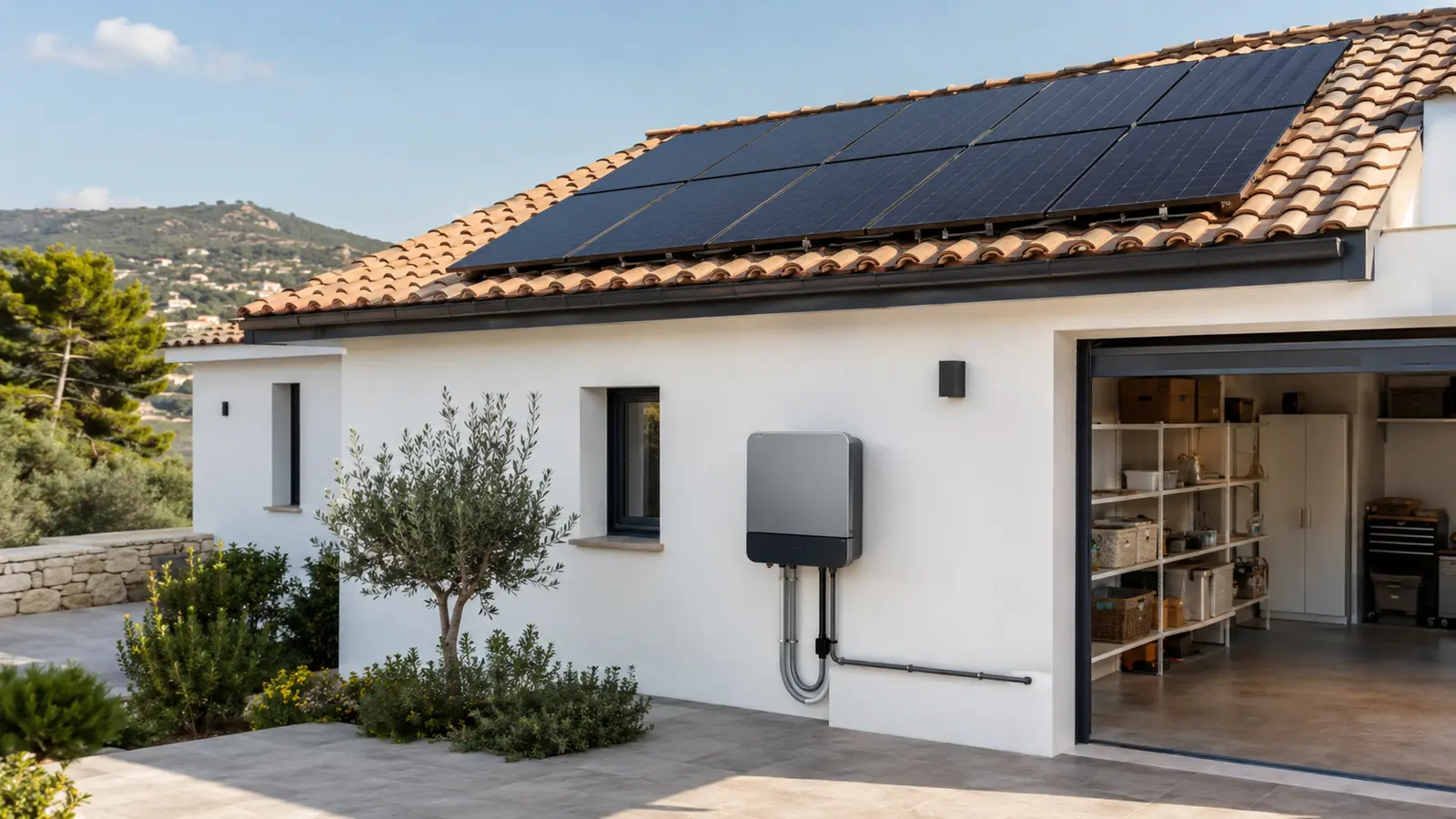 Inversor solar fotovoltaico instalado en una vivienda con placas solares en el tejado
