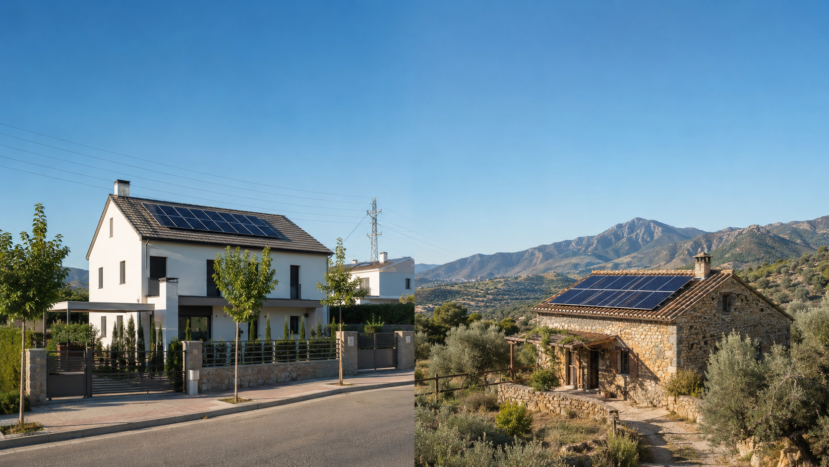 Comparativa entre vivienda con placas solares on-grid conectada a la red y casa off-grid aislada en España.